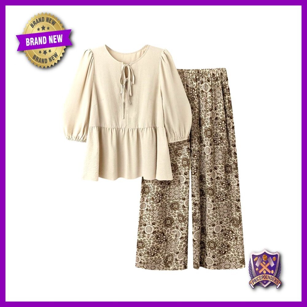 Plus Size 2-Piece Set Lantern Sleeve Peplum Blouse Wide Leg Pants